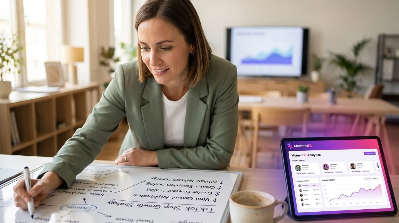 Brand manager confidently outlining TikTok Shop growth strategy on a whiteboard, reviewing creator partnerships.