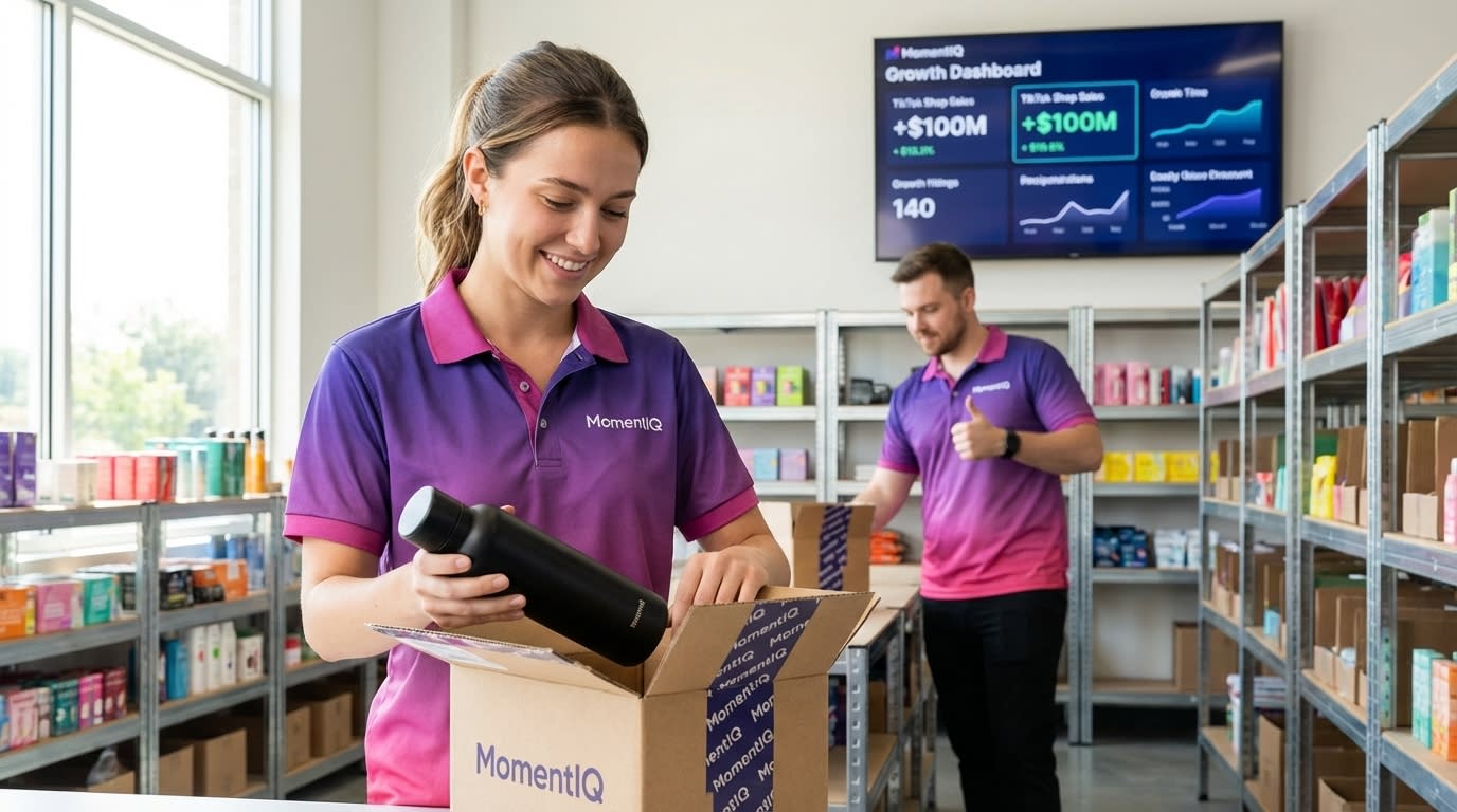 Cheerful warehouse team member efficiently packing a TikTok Shop order in an organized fulfillment center