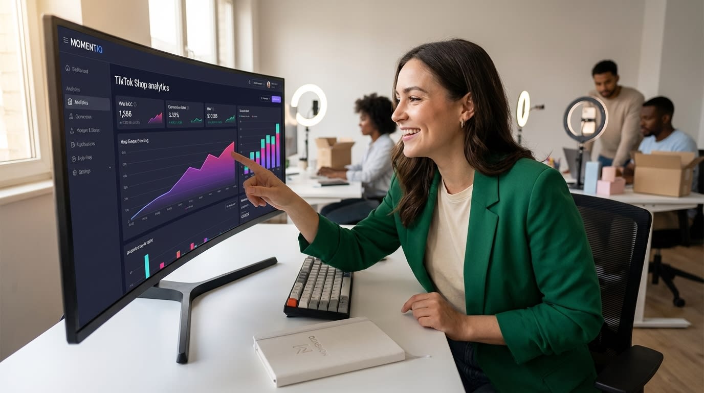 TikTok Shop manager analyzing a data visualization of the content graph and commerce signals for high conversion.