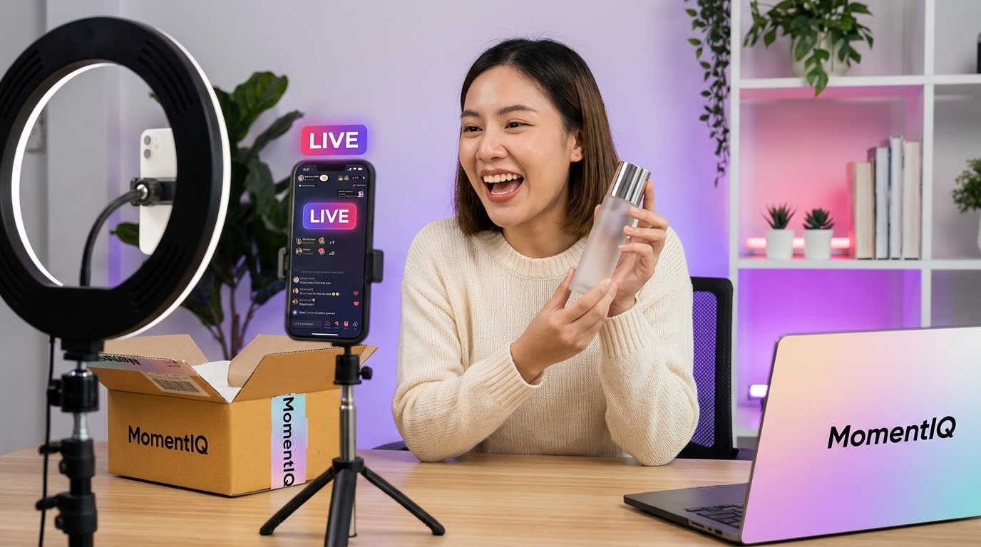 TikTok Shop creator unboxing a product live in their home studio setup