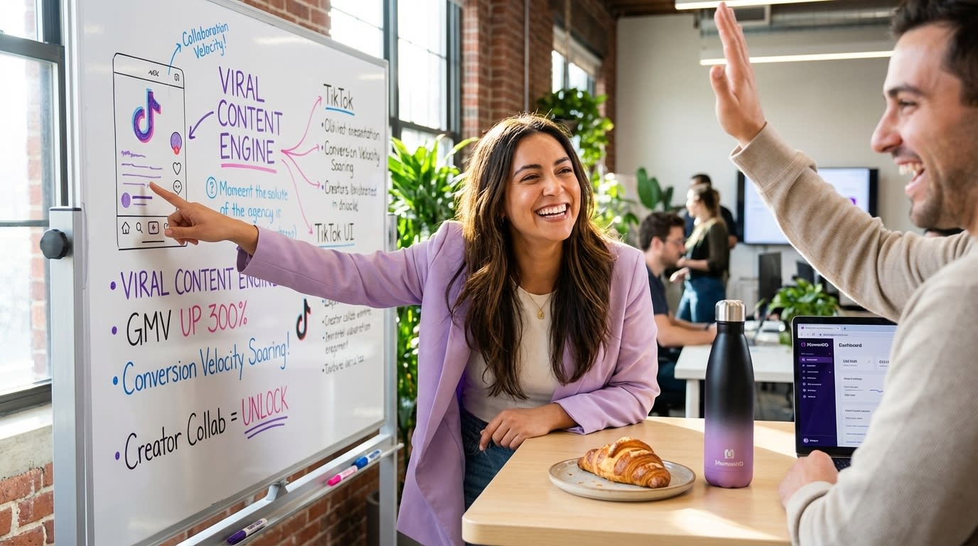 Marketing strategists collaborating on TikTok Shop content strategy with a whiteboard