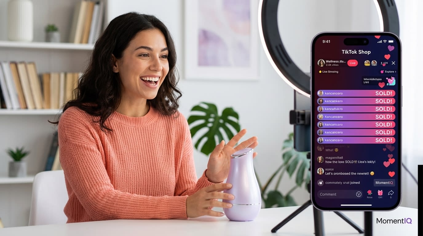 Engaged TikTok Shop creator on live stream with heart emojis and 'SOLD!' overlays