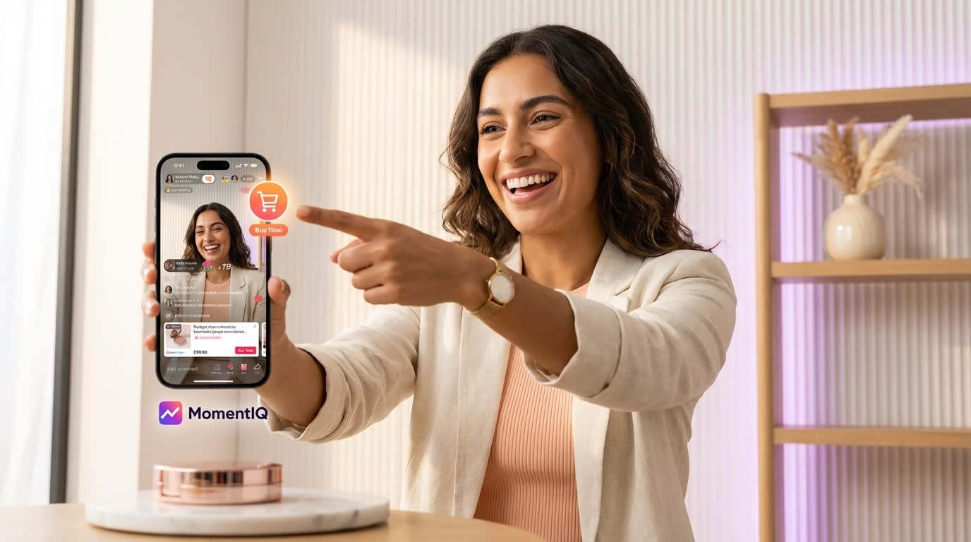 Confident TikTok Shop creator pointing to the orange shopping cart icon for a clear call-to-action
