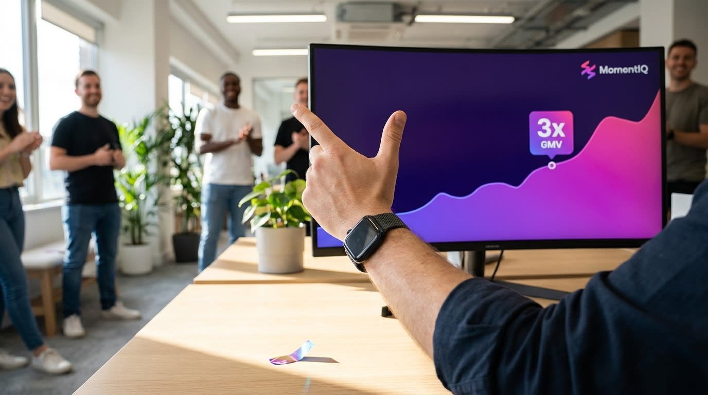 MomentIQ team celebrating 3x GMV growth on a TikTok Shop analytics dashboard