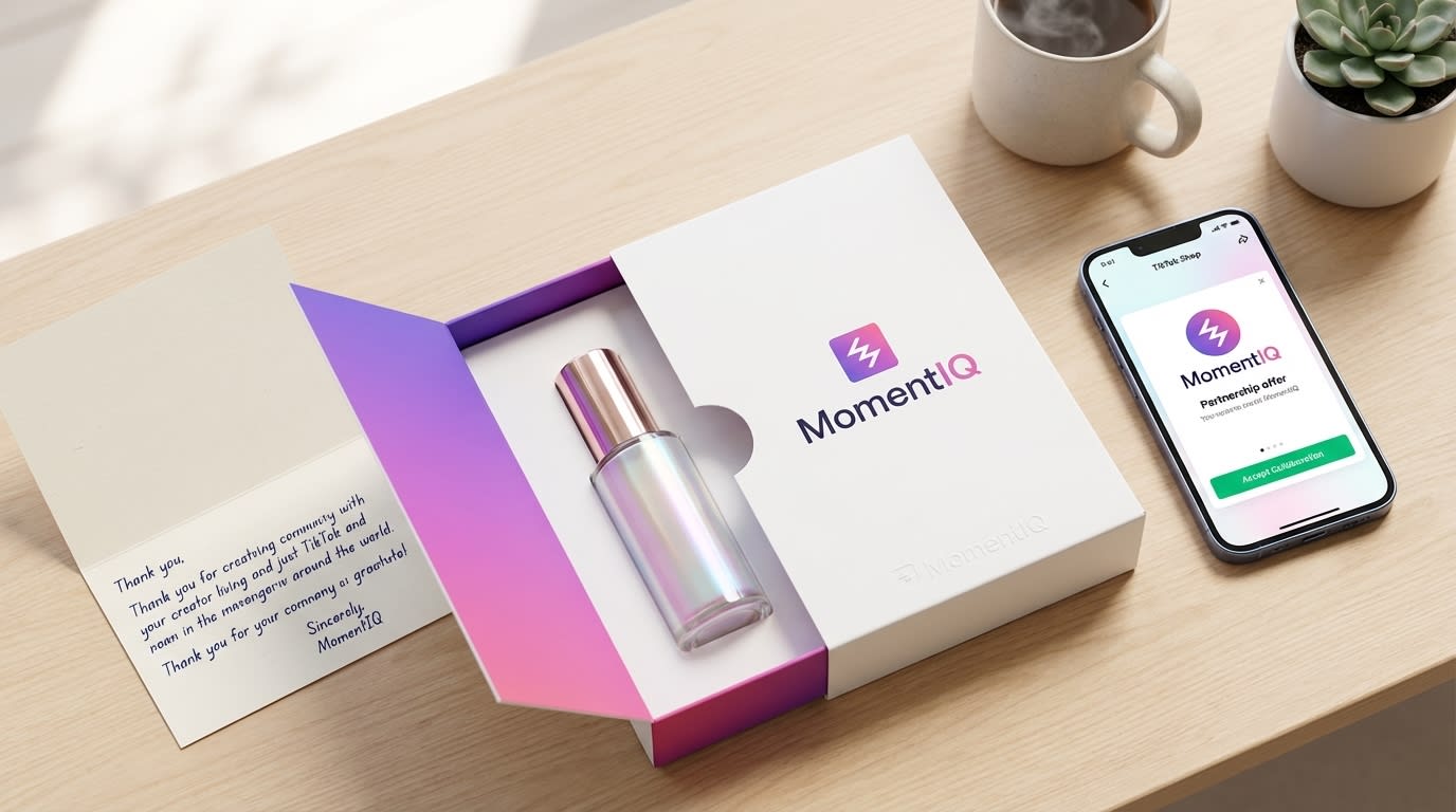Flat lay of a creator's desk with MomentIQ seeding package, product, and TikTok Shop partnership offer