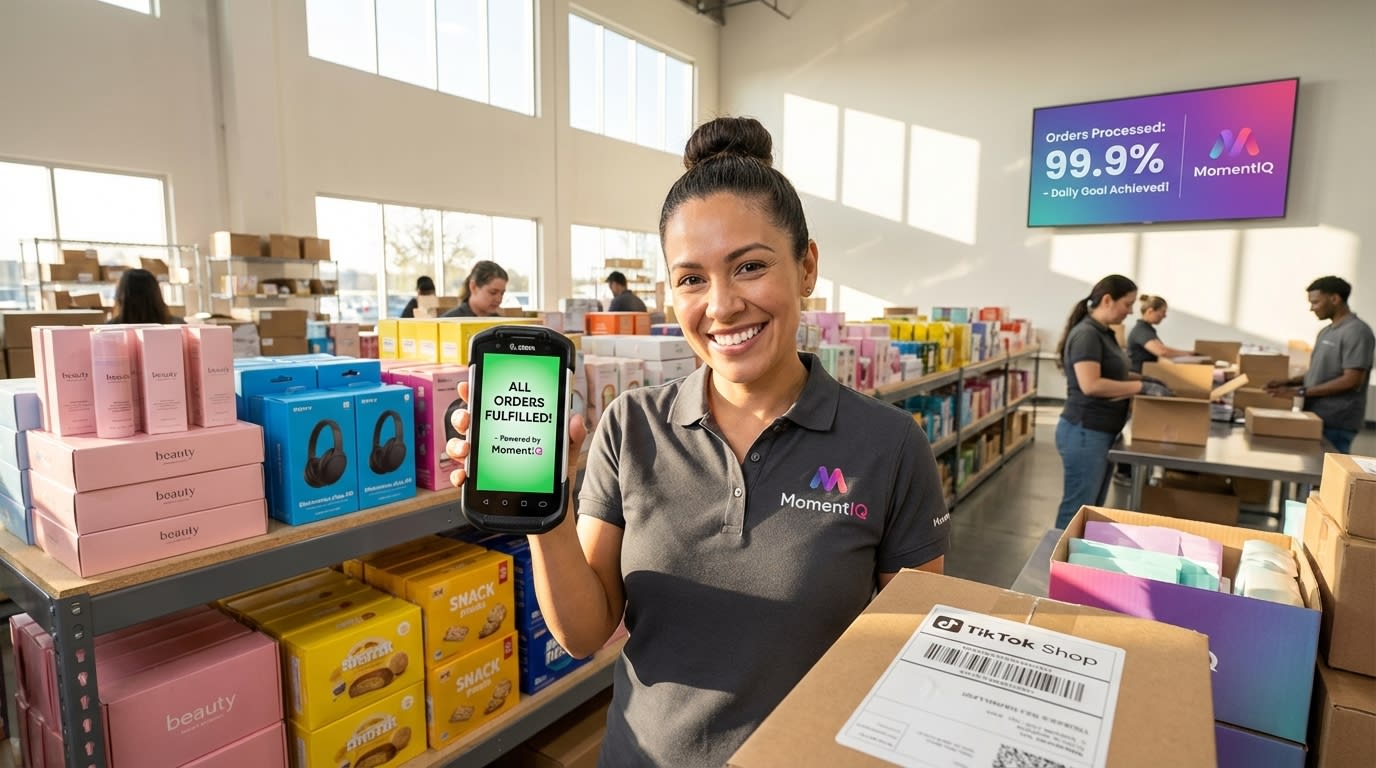 Aspirational view of a meticulously organized TikTok Shop warehouse with colorful inventory ready for shipment
