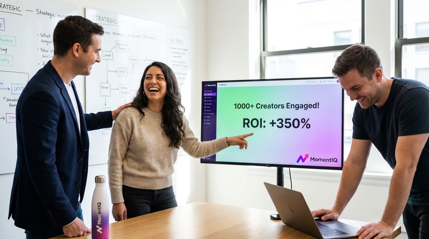 Diverse team celebrating successful TikTok Shop creator campaign results in a modern war room