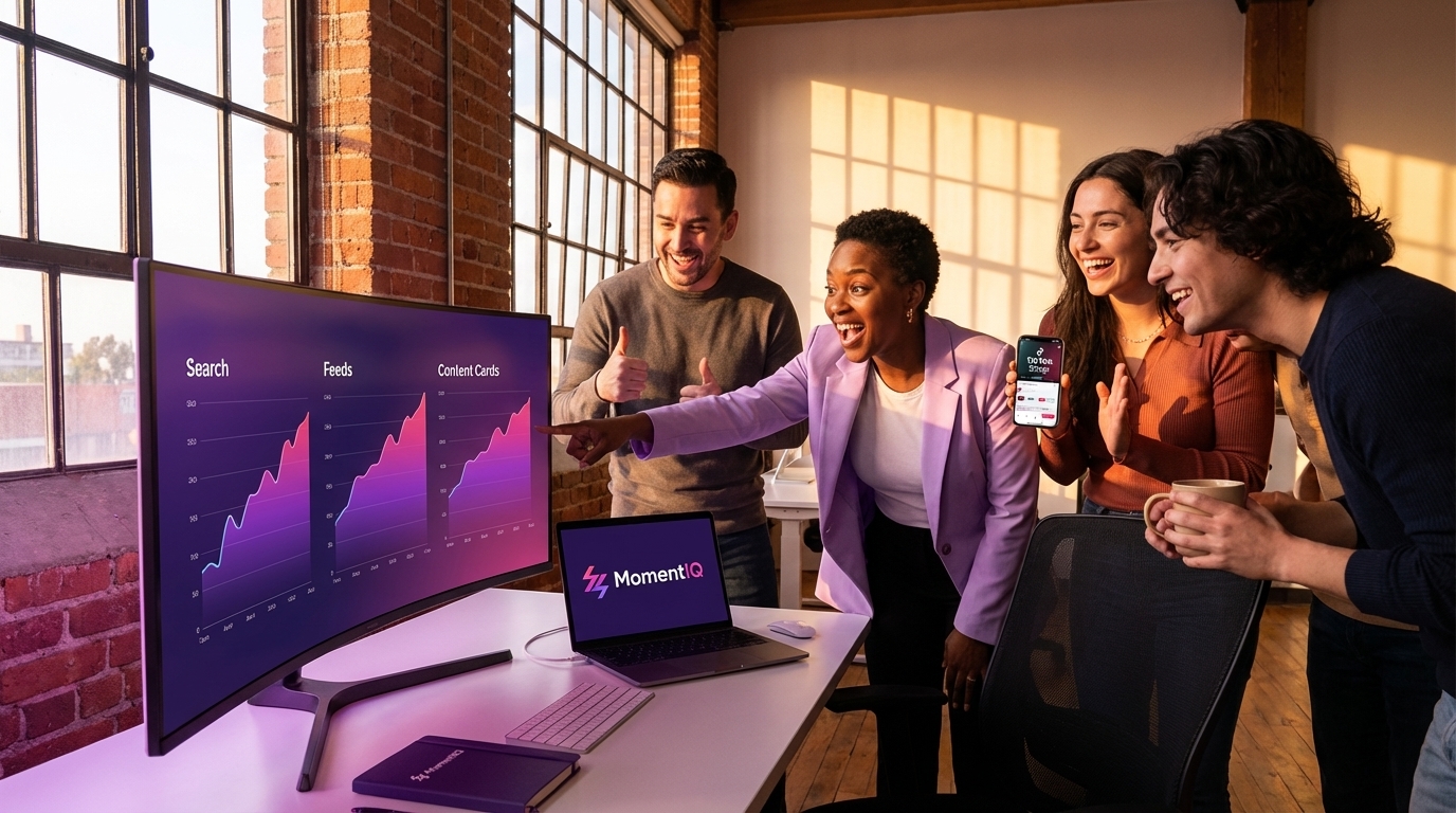 Brand team confidently analyzing TikTok Shop algorithm discovery channels on a large screen in a modern office