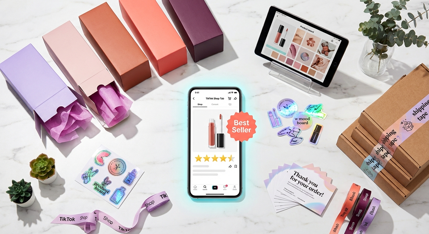 Flat lay of optimized TikTok Shop product listing on phone surrounded by vitamin C serum bottles and keyword research notes