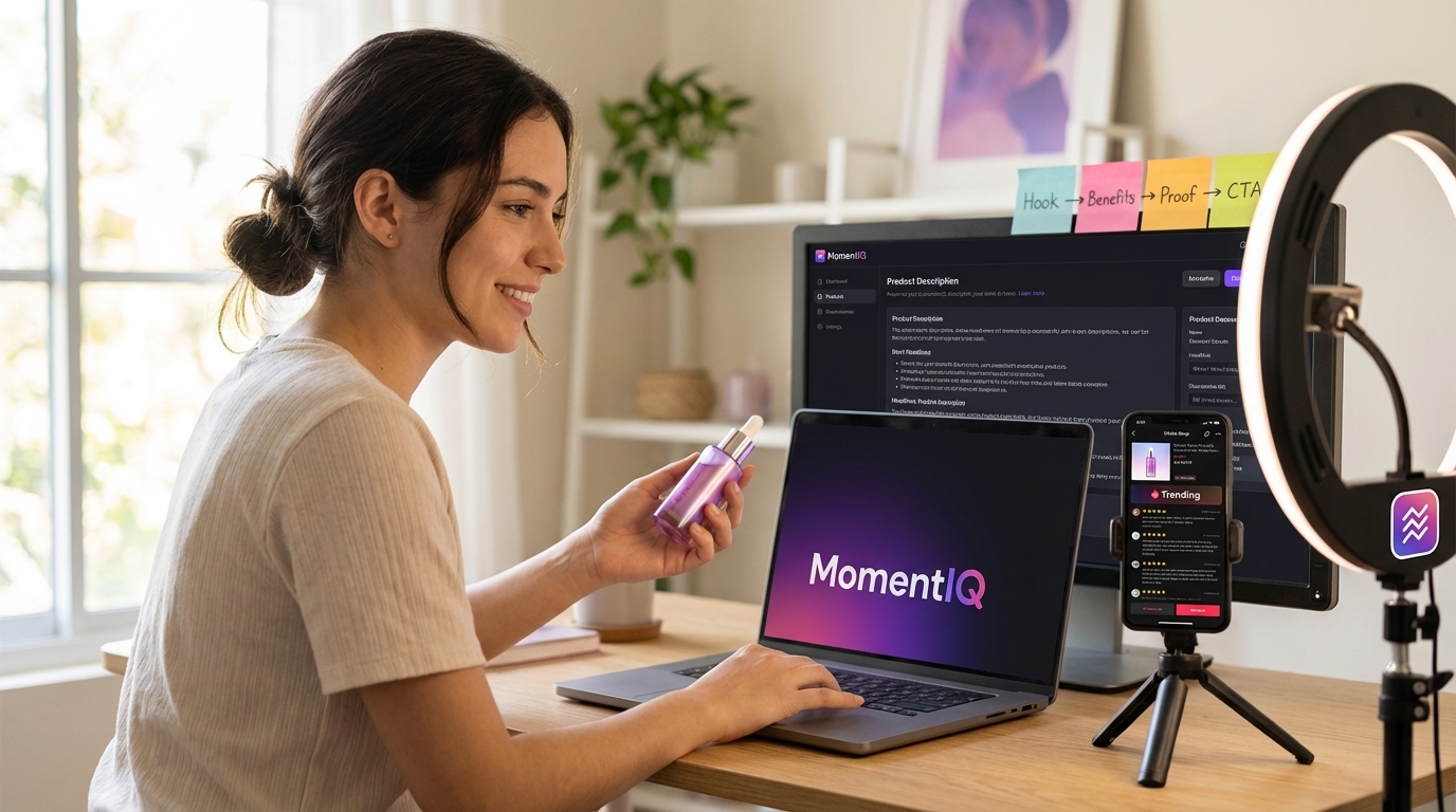 Confident creator writing optimized TikTok Shop product descriptions at a bright desk with ring light and product samples