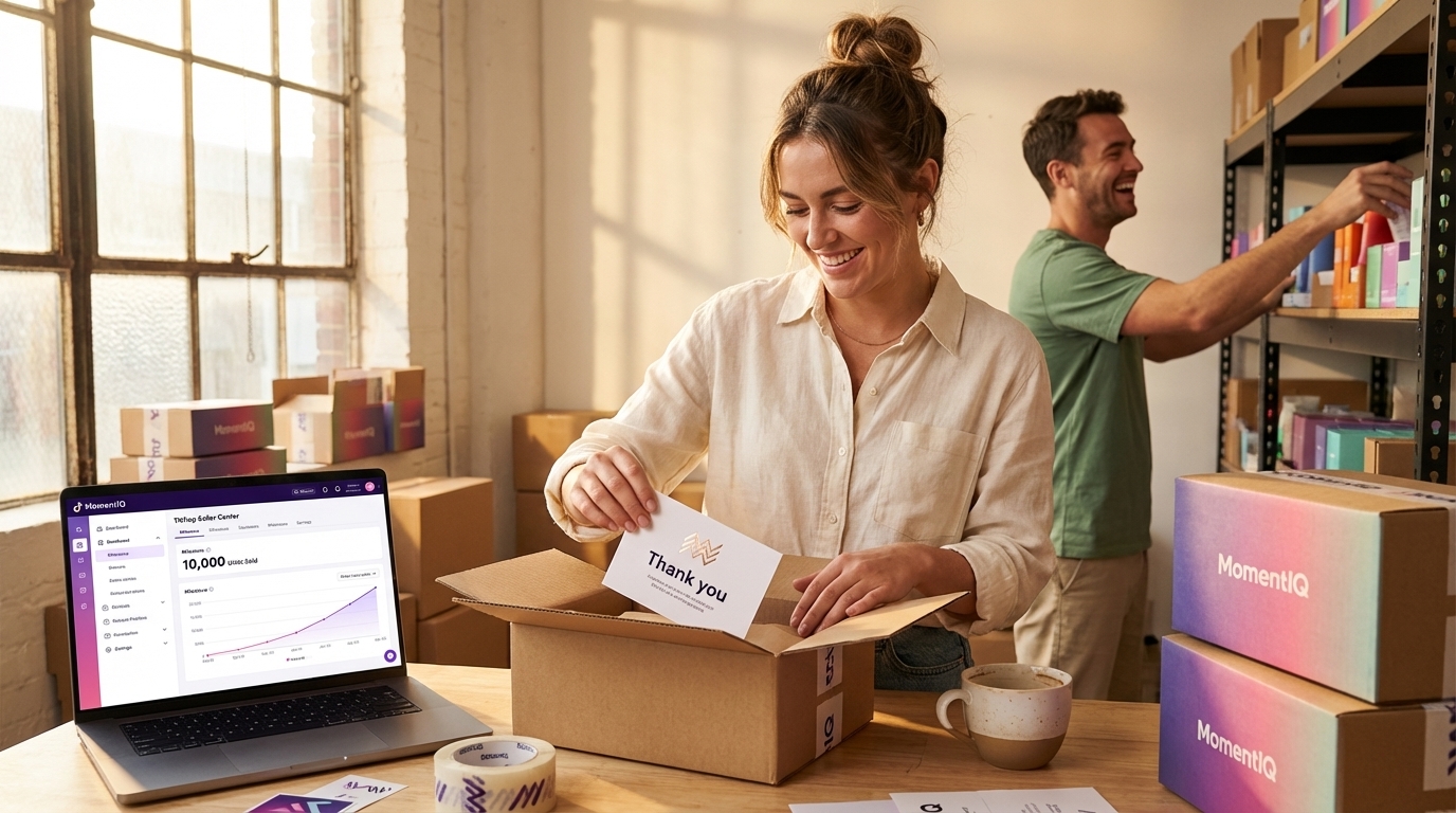 Thriving TikTok Shop fulfillment space with organized inventory and seller dashboard showing 10,000 units sold milestone