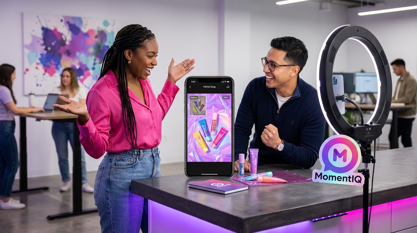 Team members excitedly reviewing optimized TikTok Shop product photos at a styled behind-the-scenes shoot setup