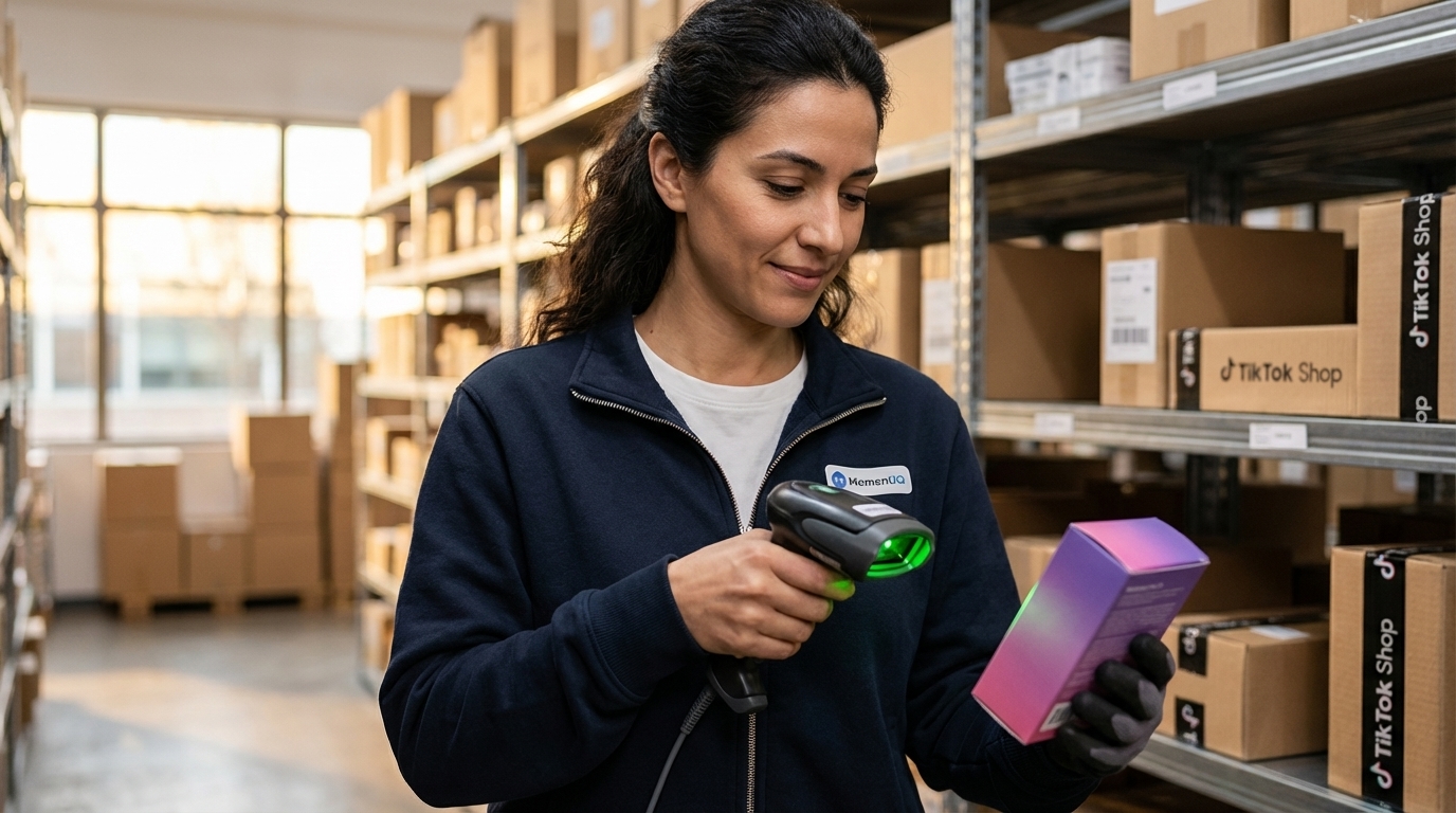 Warehouse worker efficiently scanning a product package for TikTok Shop shipment.