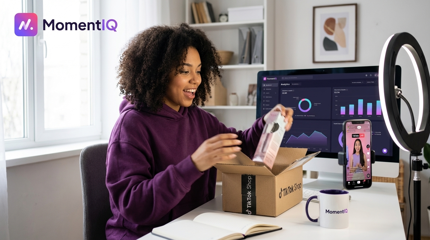 Excited woman unboxing a product while watching a TikTok Shop video on her phone.