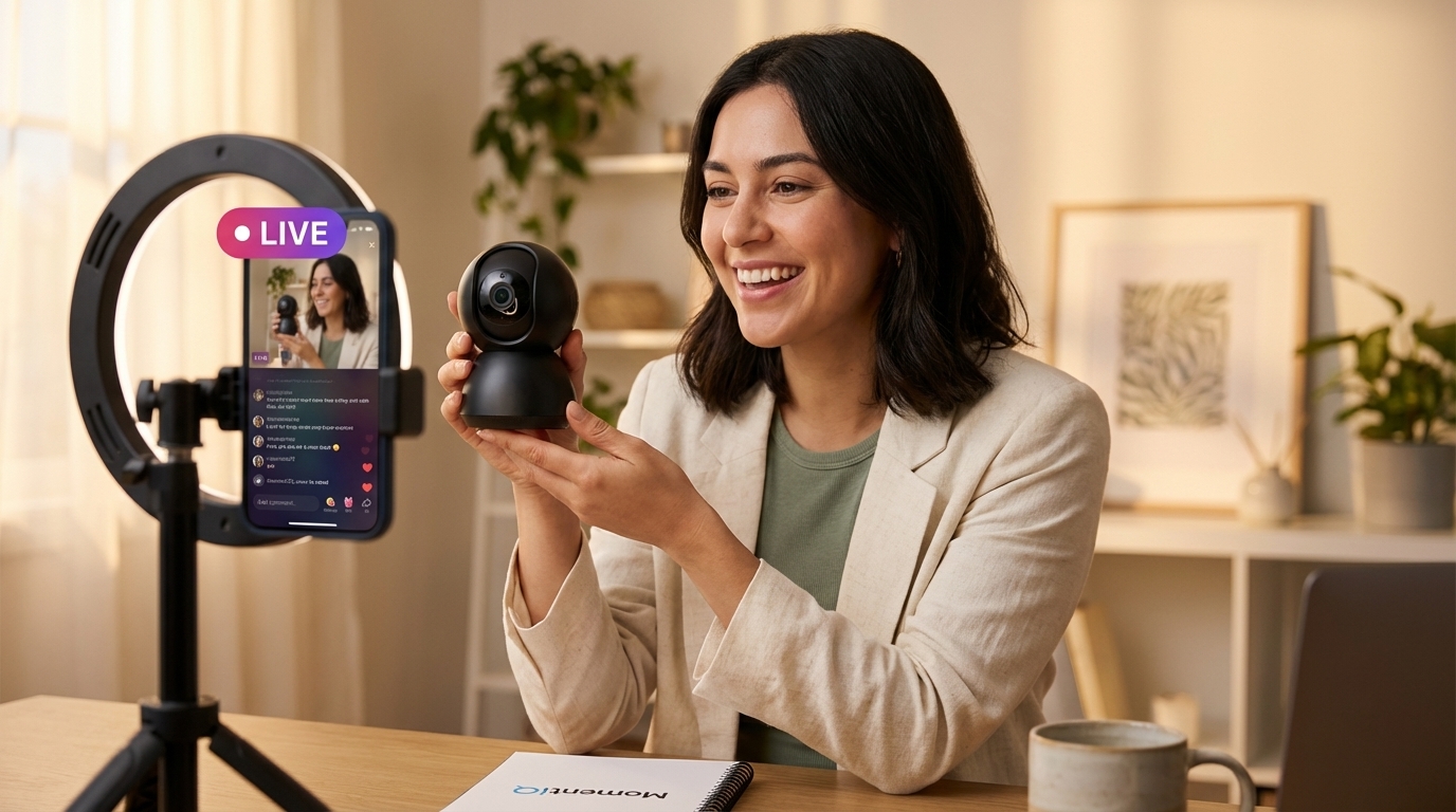 Energetic creator demonstrating a product during a TikTok Shop live stream.