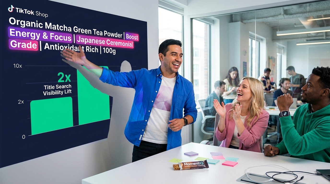 Team reviewing a successful TikTok Shop product title with optimized keywords on a projected screen.