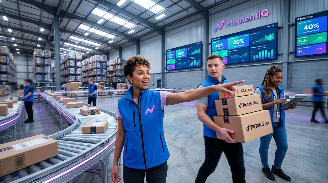 Bustling fulfillment center with workers packing TikTok Shop orders, signifying high growth.