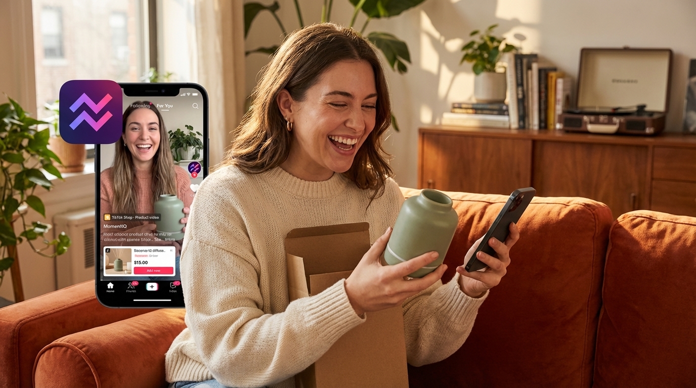 Happy customer unboxing a TikTok Shop product, showing the original product video on their phone.