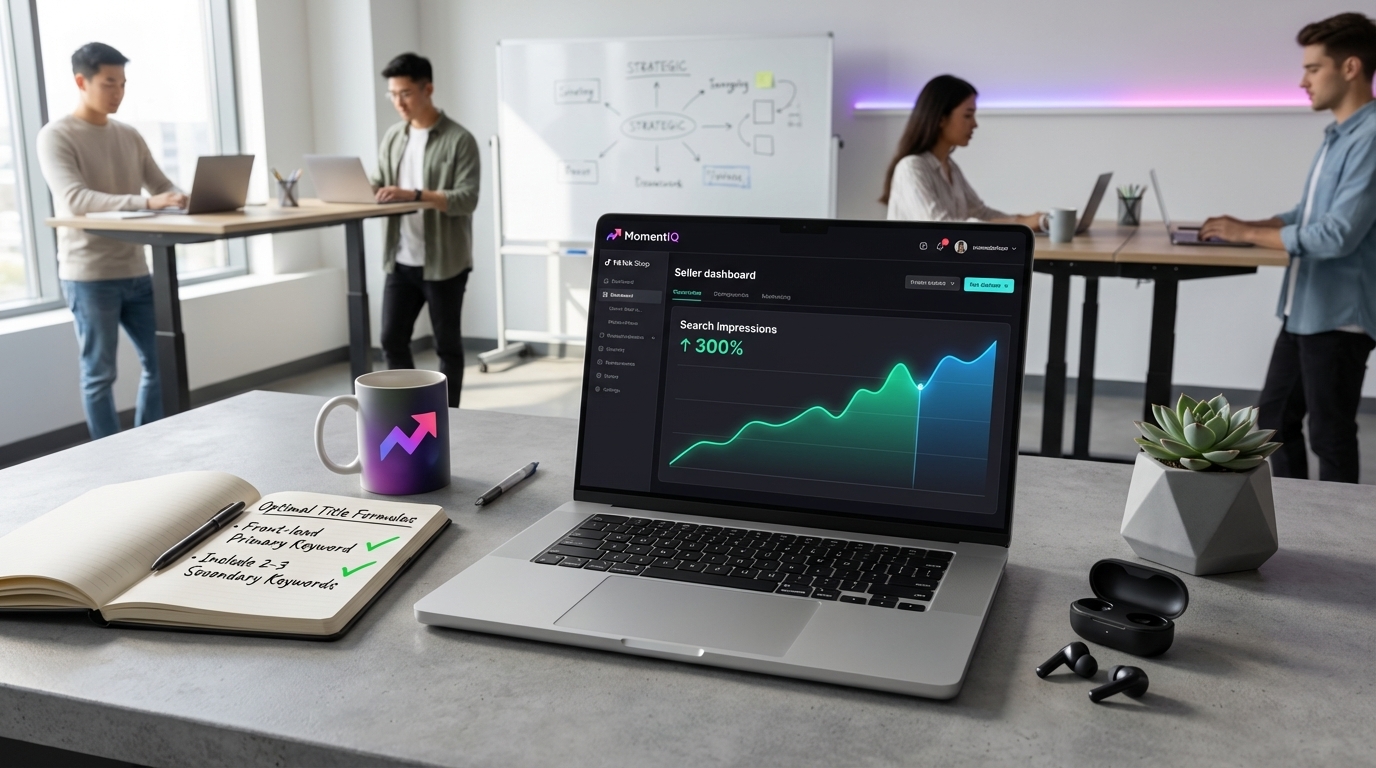Flat lay of a desk showing TikTok Shop search impression increase and title optimization strategy notes.