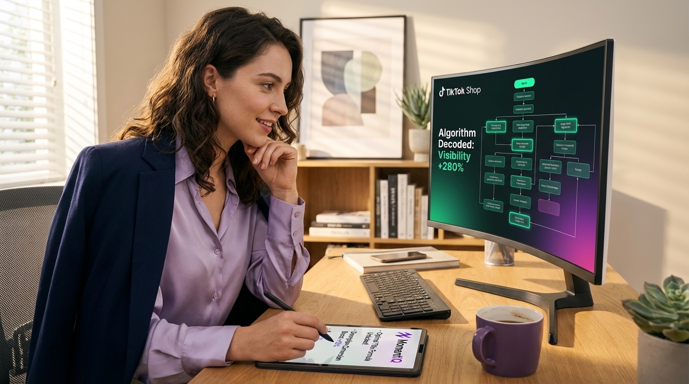 Marketing specialist confidently analyzing TikTok Shop algorithm flowchart with successful ranking metrics.