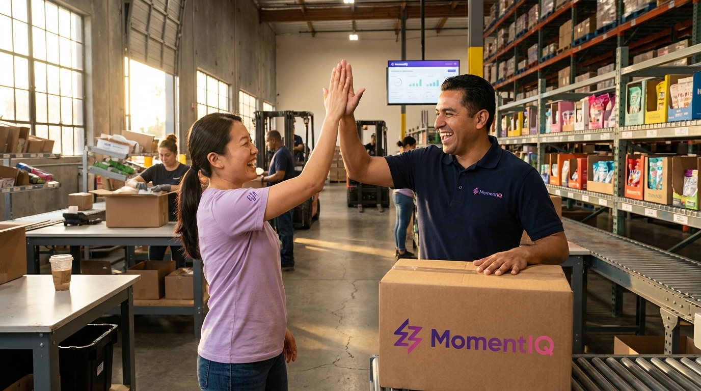 Modern warehouse with workers high-fiving over a packed TikTok Shop order, symbolizing growth.