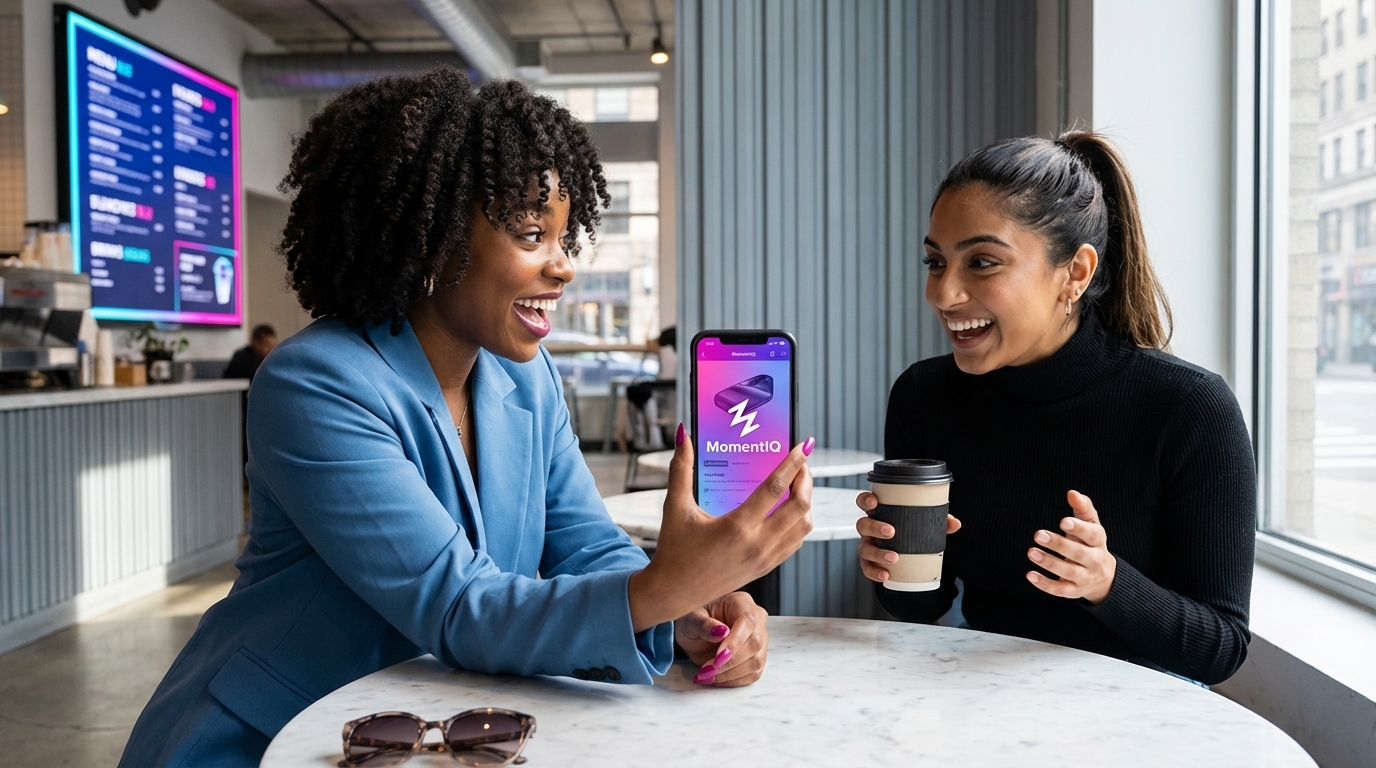 Stylish woman delightedly scrolling through TikTok Shop discovery tab in a bright cafe.