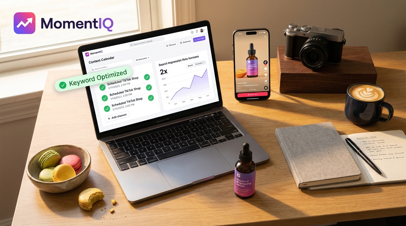 Flat lay of a creative workspace showing a viral TikTok Shop video and successful content calendar.