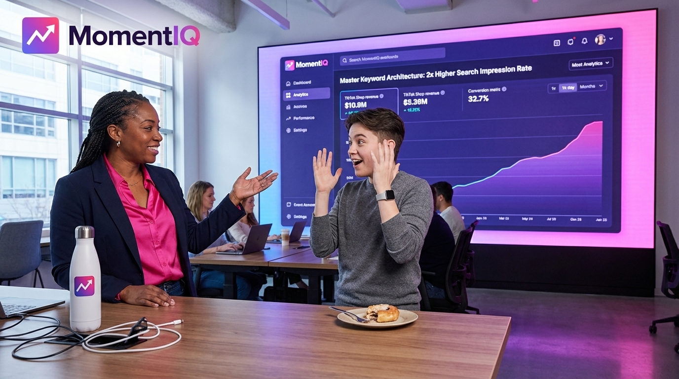 Mentor and mentee enthusiastically reviewing upward TikTok Shop revenue trends on a shared screen.