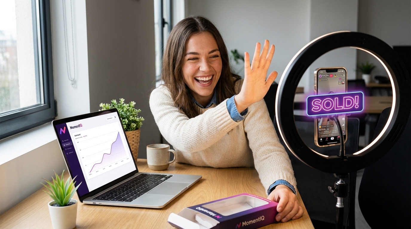 Excited brand manager celebrating live TikTok Shop sales with a vibrant dashboard and product unboxing