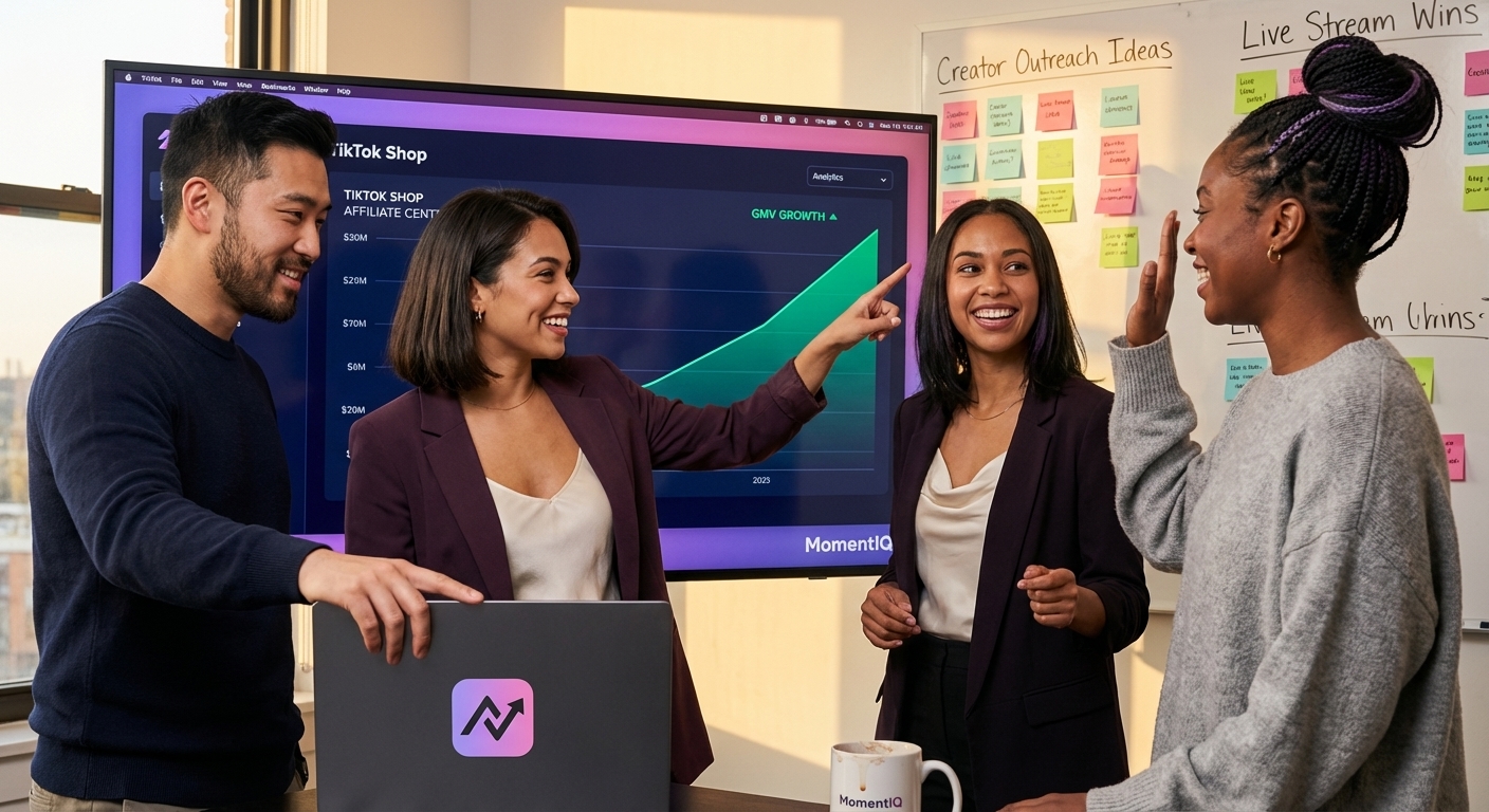 Marketing team celebrating explosive TikTok Shop GMV growth on a large analytics screen in a modern war room