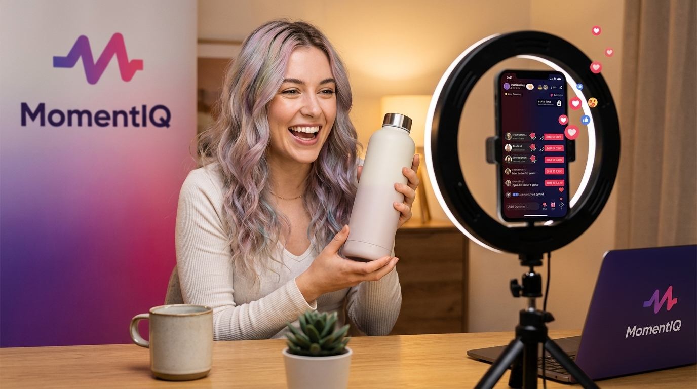 Confident TikTok Shop creator engaging with viewers during a live stream, showcasing a product with heart emojis filling the chat