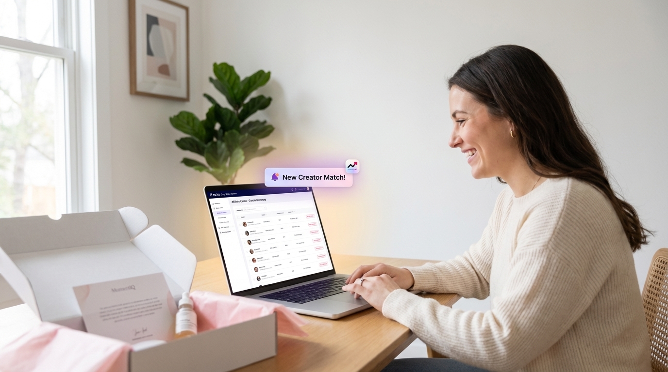 Entrepreneur strategically using TikTok Shop Seller Center to find creators, with a beautifully prepared product seeding box
