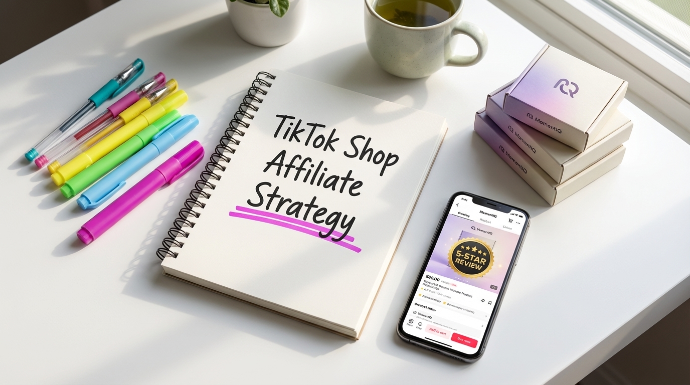 Flat lay of TikTok Shop affiliate strategy notebook with phone showing 5-star product reviews and branded product boxes