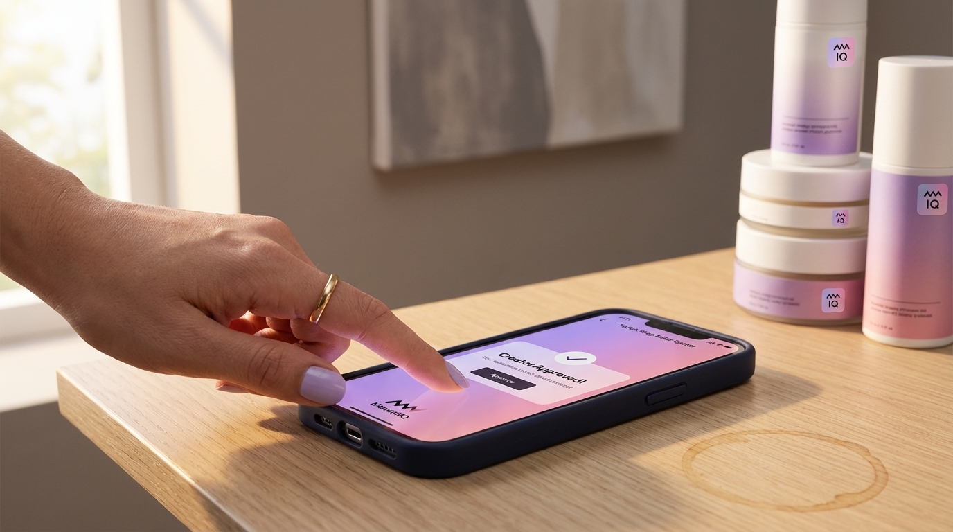 Brand owner confidently approving a TikTok Shop creator's sample request in the Seller Center, with branded product samples ready to ship
