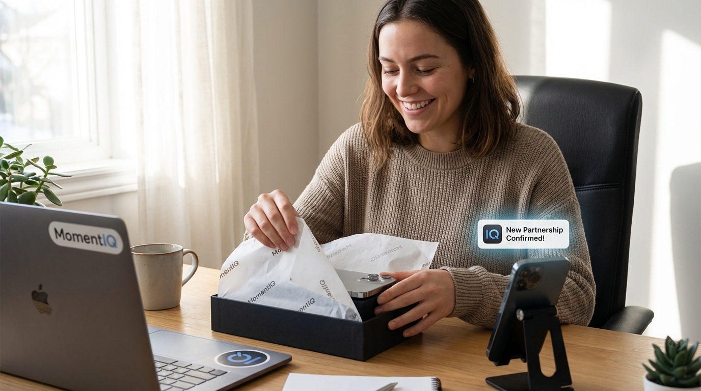 Excited TikTok Shop creator unboxing a product seeding package, delighted by a new brand partnership