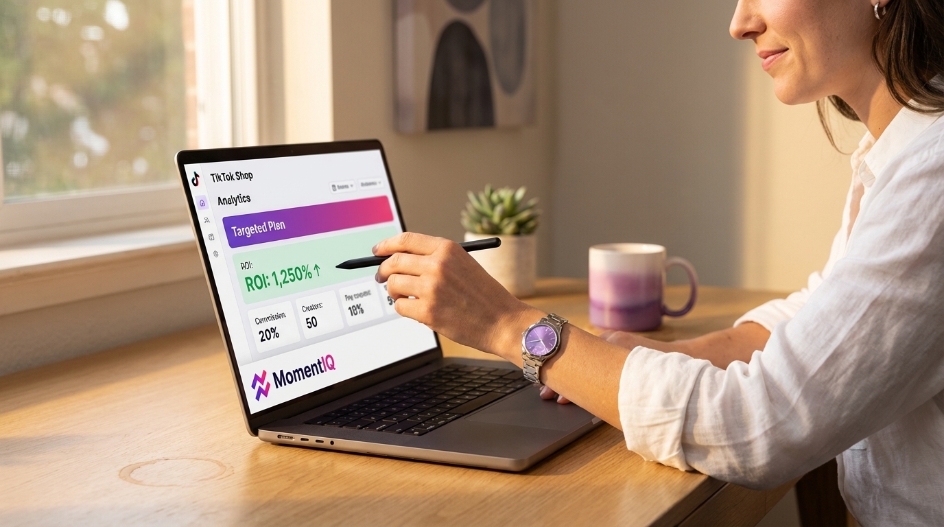 Close-up of a TikTok Shop analytics dashboard showing high ROI from a 'Targeted Plan', with a hand highlighting key performance metrics