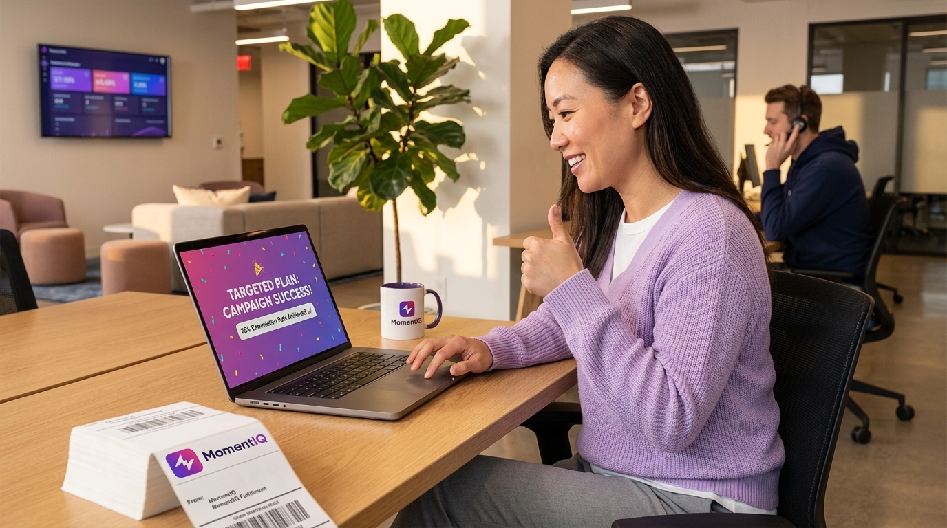 Brand team member celebrating a successful TikTok Shop 'Targeted Plan' campaign with a thumbs-up and stack of shipping labels