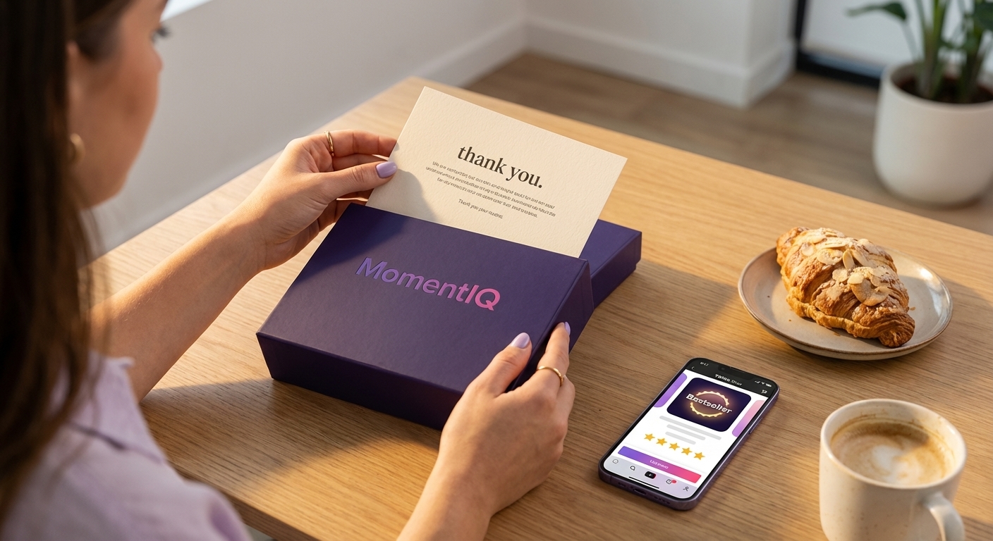 Overhead flat lay of a TikTok Shop bestseller product listing with glowing reviews, branded packaging, and a 'thank you' card