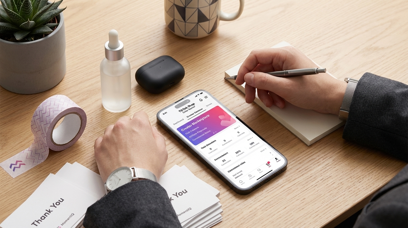 TikTok Shop Seller Center dashboard flat lay with product samples and branded packaging, ready for creator outreach