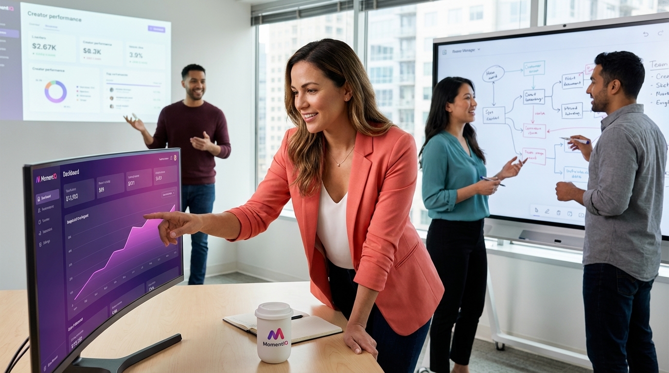 Aspirational shot of a brand team confidently reviewing increased TikTok Shop 'Open Plan' product sales in a modern office