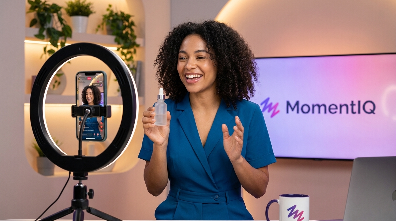 Charismatic TikTok Shop creator energetically presenting a product during a live stream from a professional, branded studio setup