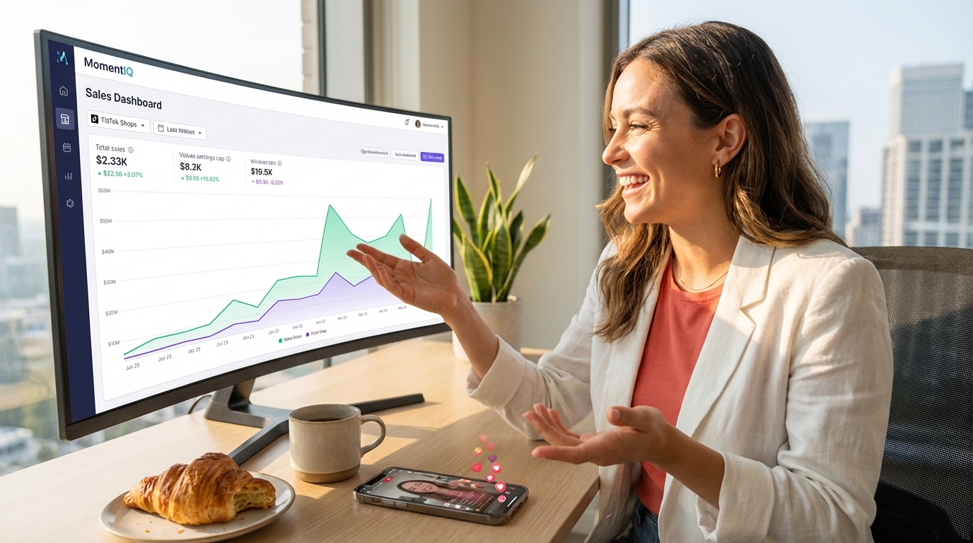 Enthusiastic entrepreneur celebrating soaring TikTok Shop sales on a dashboard and live stream.