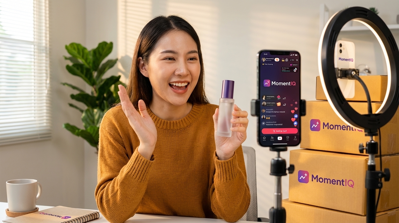 Creator enthusiastically unboxing a product for a live TikTok Shop stream with ring light setup.