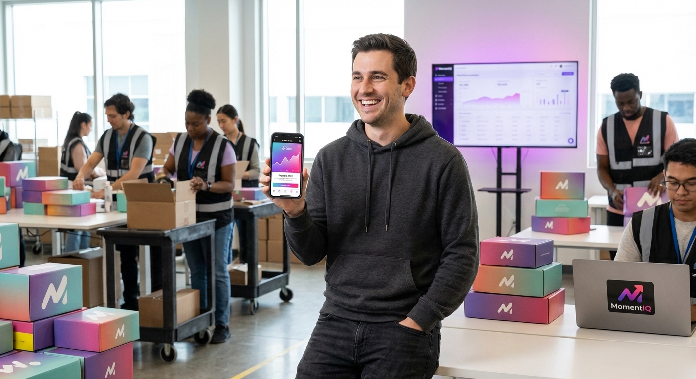 Confident TikTok Shop founder overseeing fulfillment in a modern warehouse, phone showing shipping updates.