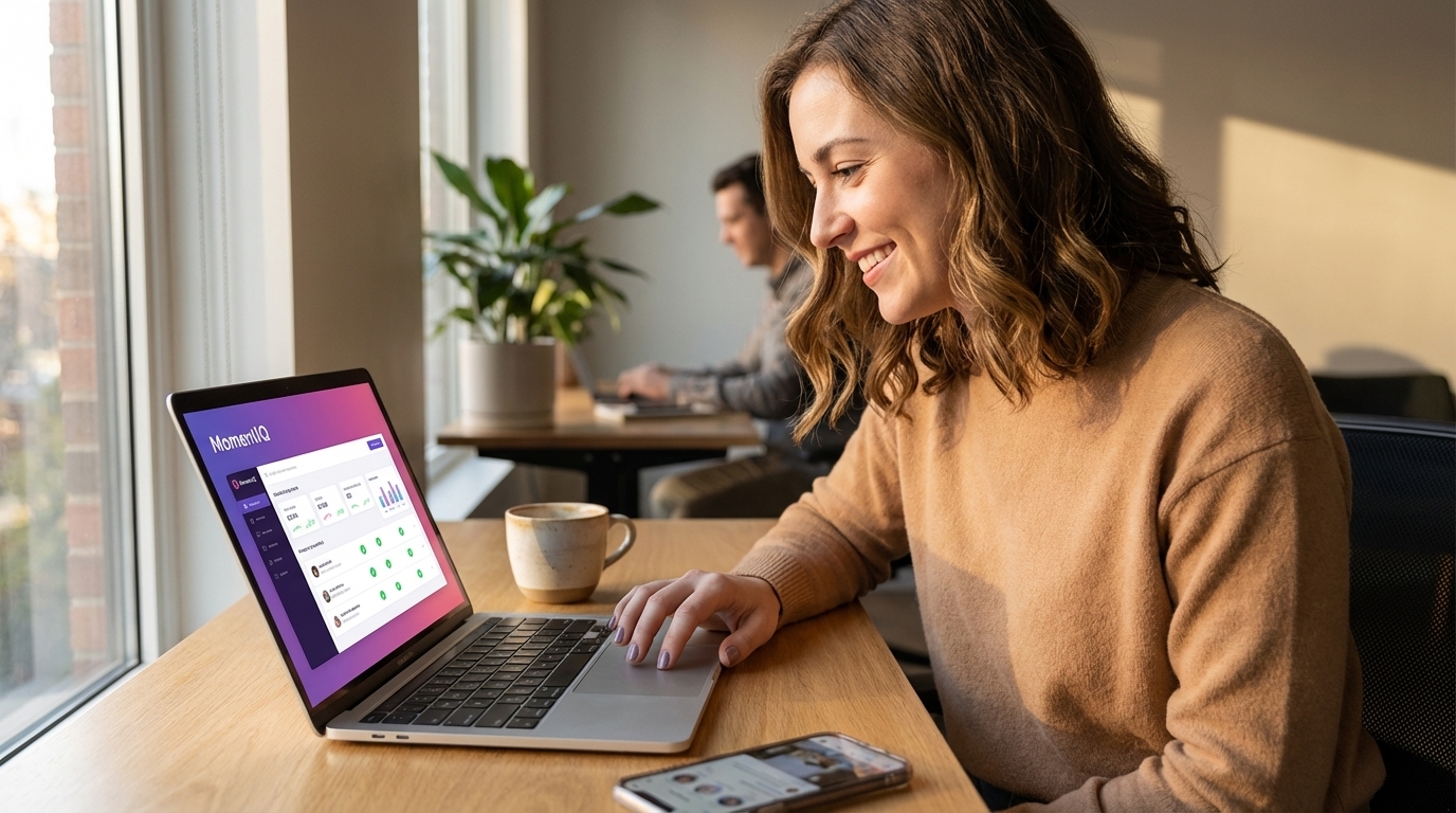 Marketing strategist confidently using MomentIQ's AI creator matching system for TikTok Shop success.