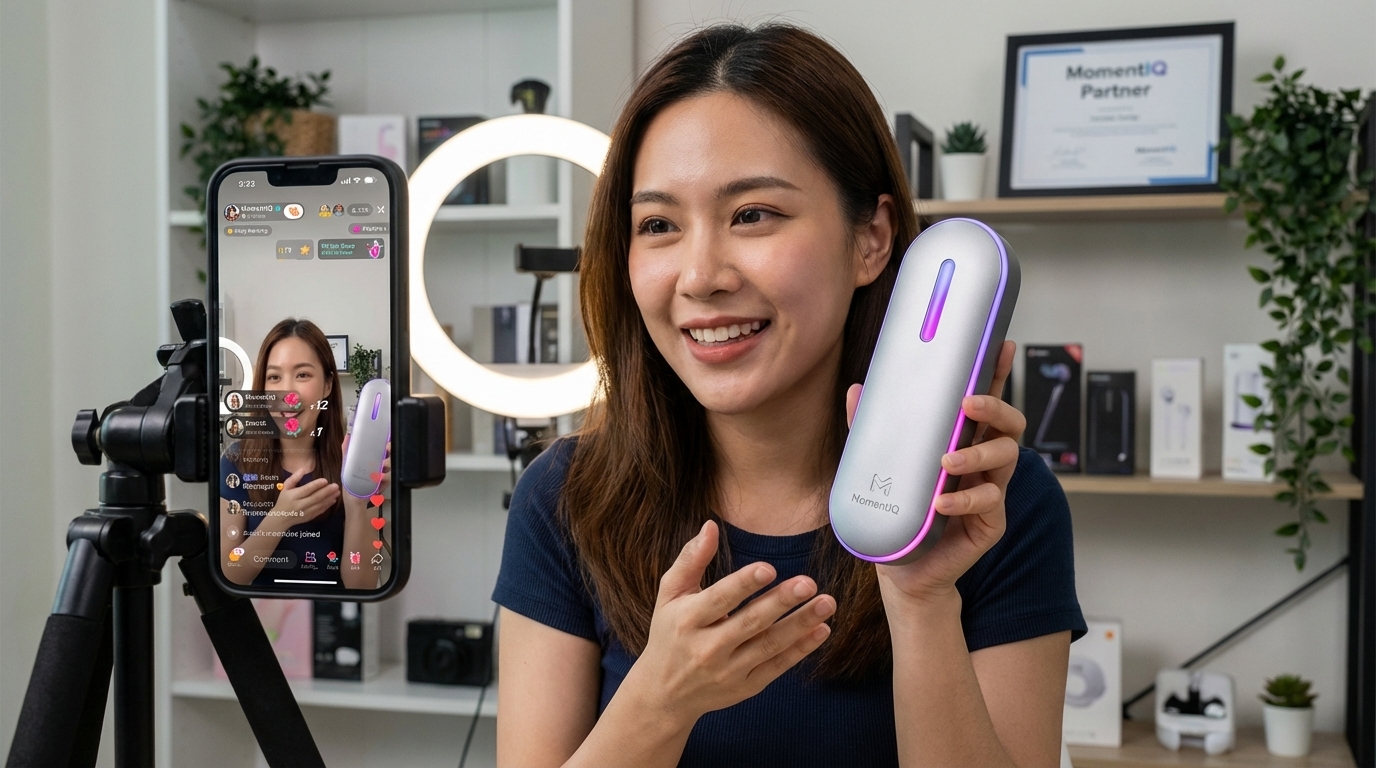 TikTok Shop creator enthusiastically demonstrating a product in a home studio with ring light setup.