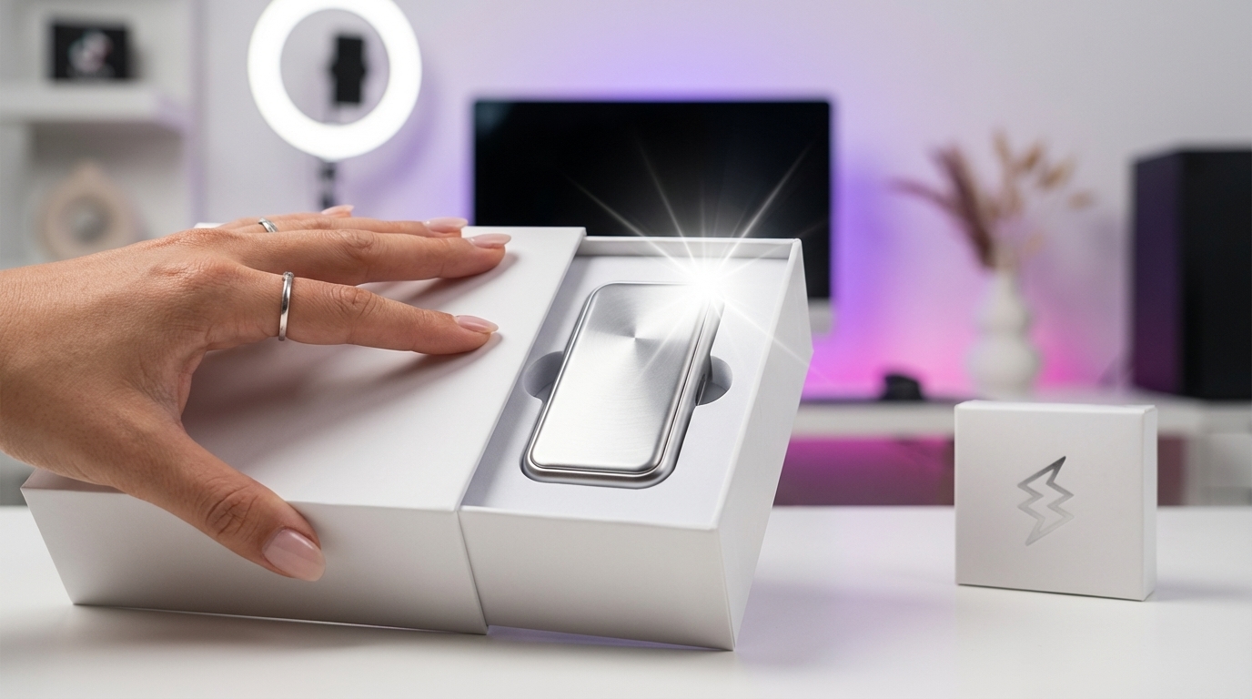 Dynamic shot of a hand dramatically revealing a new tech gadget for a TikTok Shop visual hook.