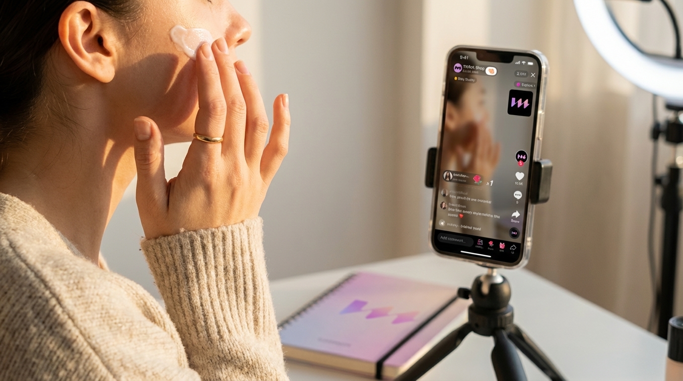Close-up of hand applying skincare cream on face for an authentic TikTok Shop product demonstration.