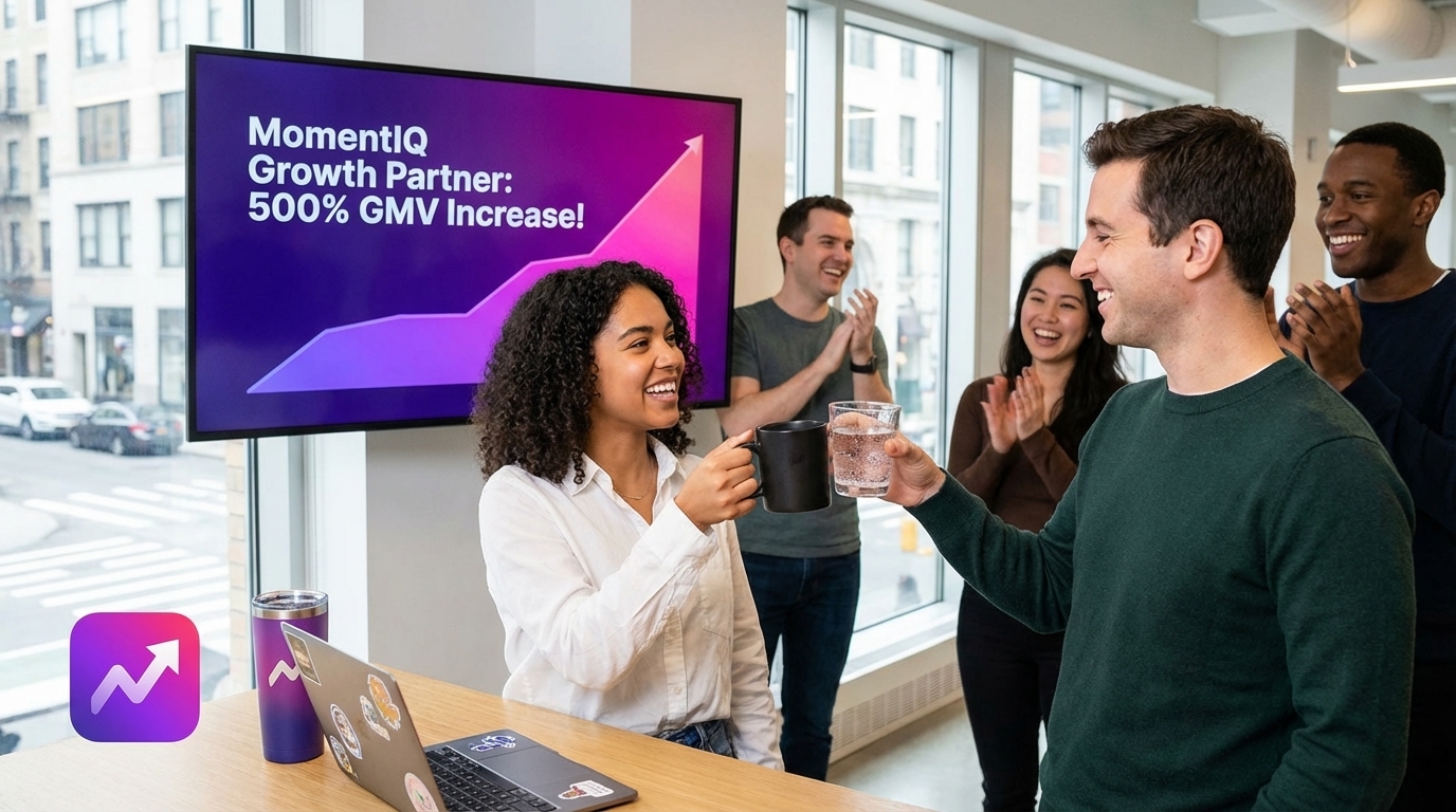 Diverse group of TikTok Shop founders and creators celebrating 500% GMV increase with MomentIQ.