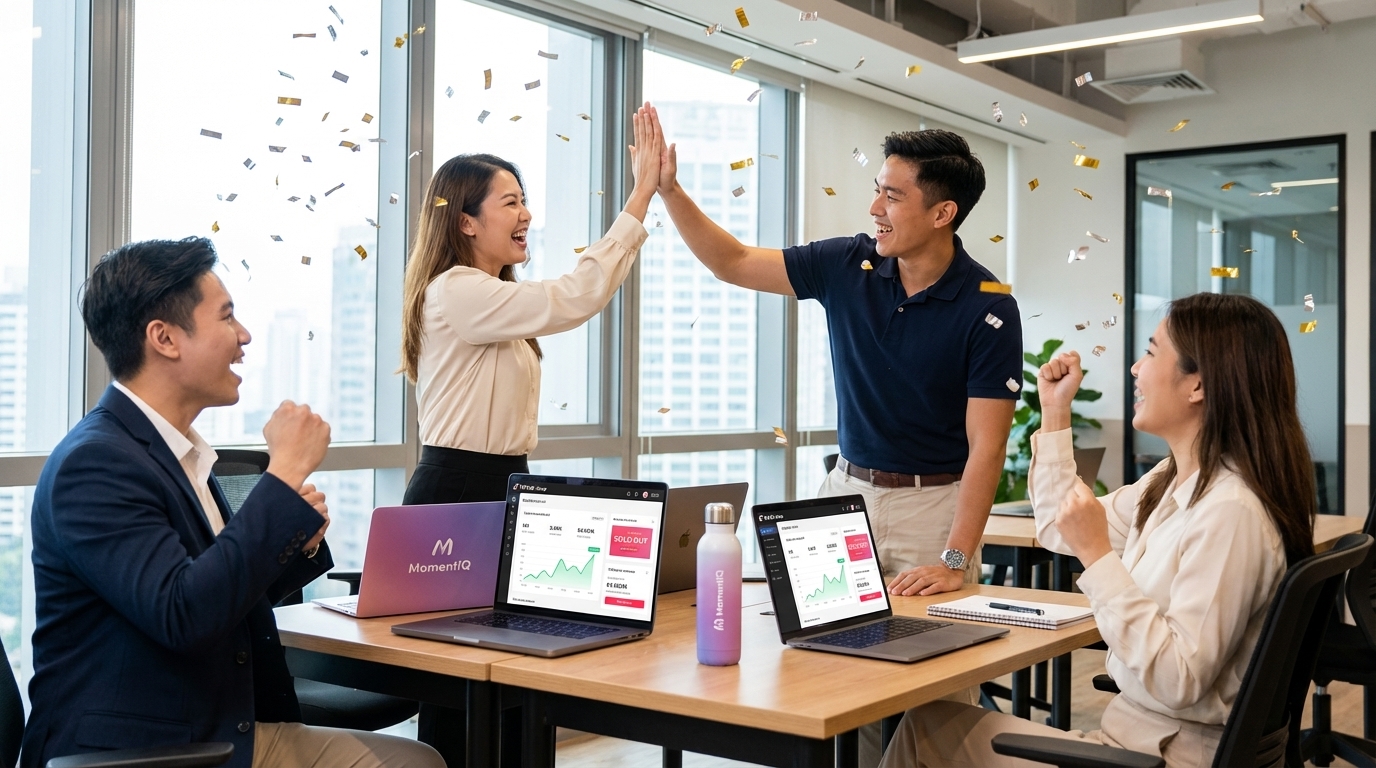 Diverse entrepreneurs celebrating massive TikTok Shop growth and success in a vibrant co-working space.